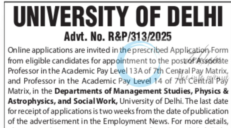 University of Delhi DU Professor and Associate Professor job opportunities notice R&P/313/2025
