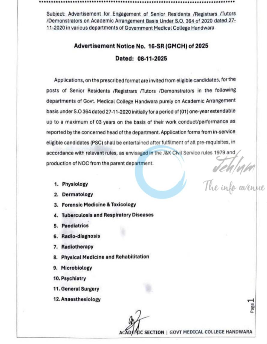 Government Medical College GMC Handwara job opportunities notice 16-SR GMCH of 2025
