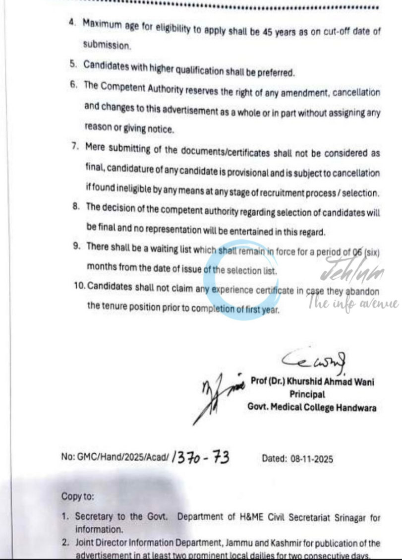 Government Medical College GMC Handwara job opportunities notice 16-SR GMCH of 2025