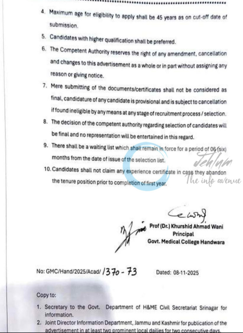Government Medical College GMC Handwara job opportunities notice 16-SR GMCH of 2025