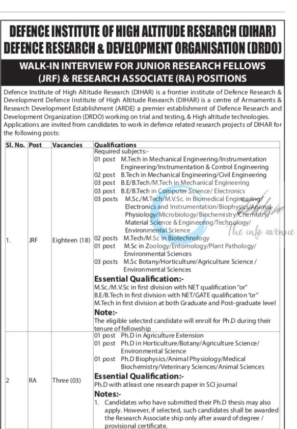 DRDO DEFENCE INSTITUTE OF HIGH ALTITUDE RESEARCH DIHAR RESEARCH JOB OPPORTUNITIES WALK IN 2025