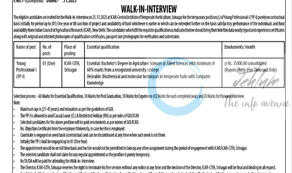 ICAR-CENTRAL INSTITUTE OF TEMPERATE HORTICULTURE ICAR-CITH Young Professional-I job opportunities walk in 2025