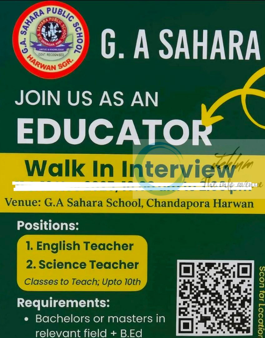 G A Sahara Public School Harwan Srinagar job opportunities Walk In 2025