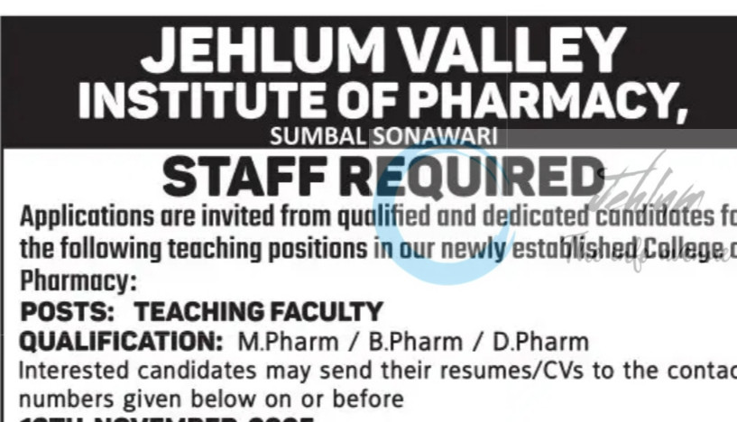 Jehlum Valley Institute of Pharmacy JVIP bandipora Teaching Faculty job opportunities 2025