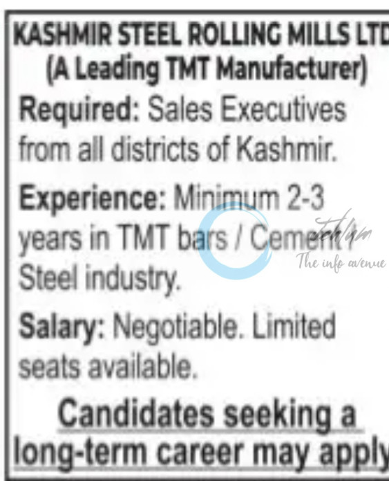 KASHMIR STEEL ROLLING MILLS LTD KSRM SRINAGAR SALES EXECUTIVE JOB OPPORTUNITIES 2025