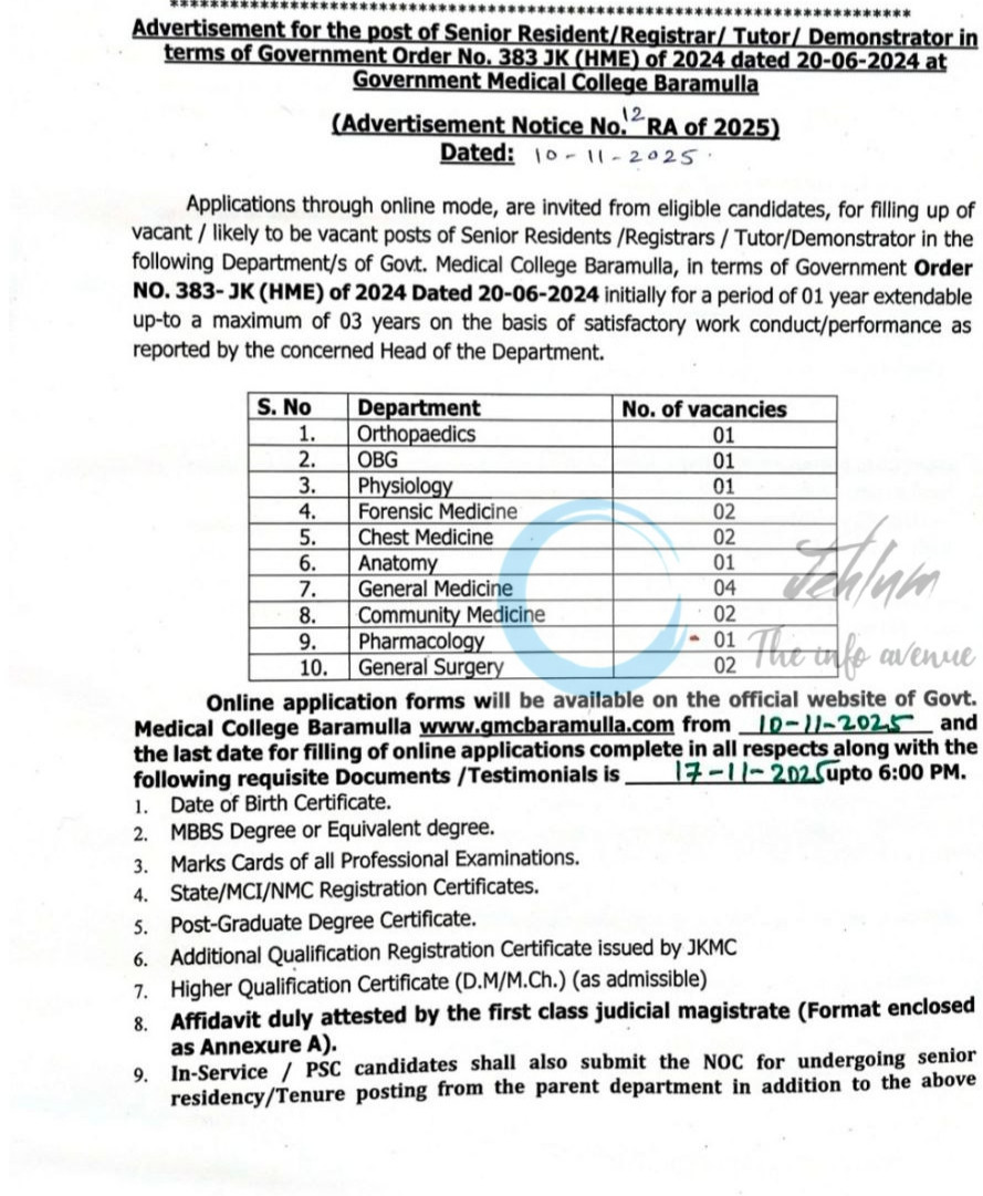 Government Medical College Baramulla GMCB job opportunities notice 12 RA of 2025