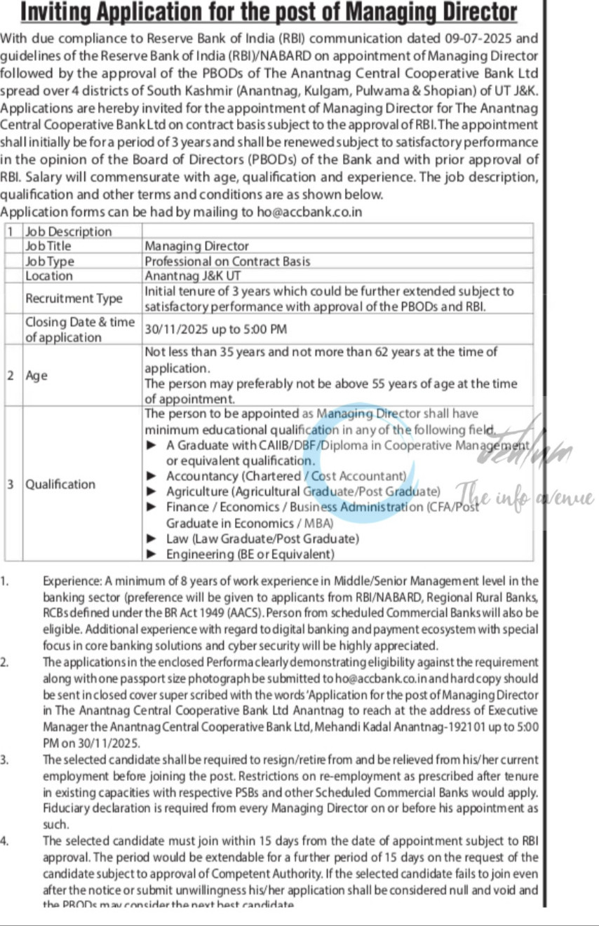 Anantnag Central Cooperative Bank Ltd ACCBL job opportunities 2025