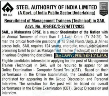 Steel Authority of India Limited SAIL Management Trainee Technical Recruitment Advt No HR/REC/C-97/MTT/2025 Job Opportunities
