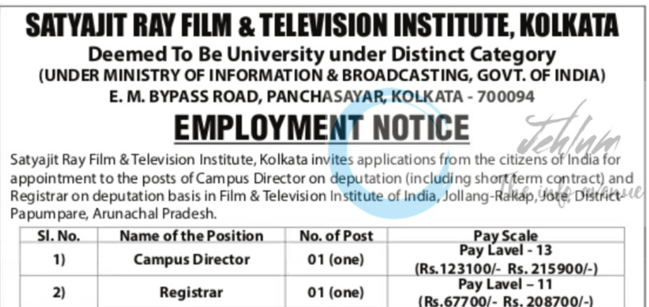 Satyajit Ray Film and Television Institute SRFTI Kolkata job opportunities notice CBC 22107/12/0018/2526