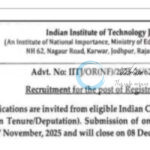 Indian Institute of Technology Jodhpur IITJ Registrar job opportunities notice IITJ/OR(NF)/2025-26/62