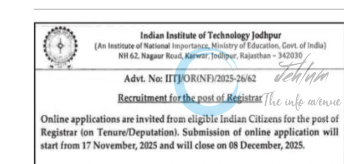 Indian Institute of Technology Jodhpur IITJ Registrar job opportunities notice IITJ/OR(NF)/2025-26/62