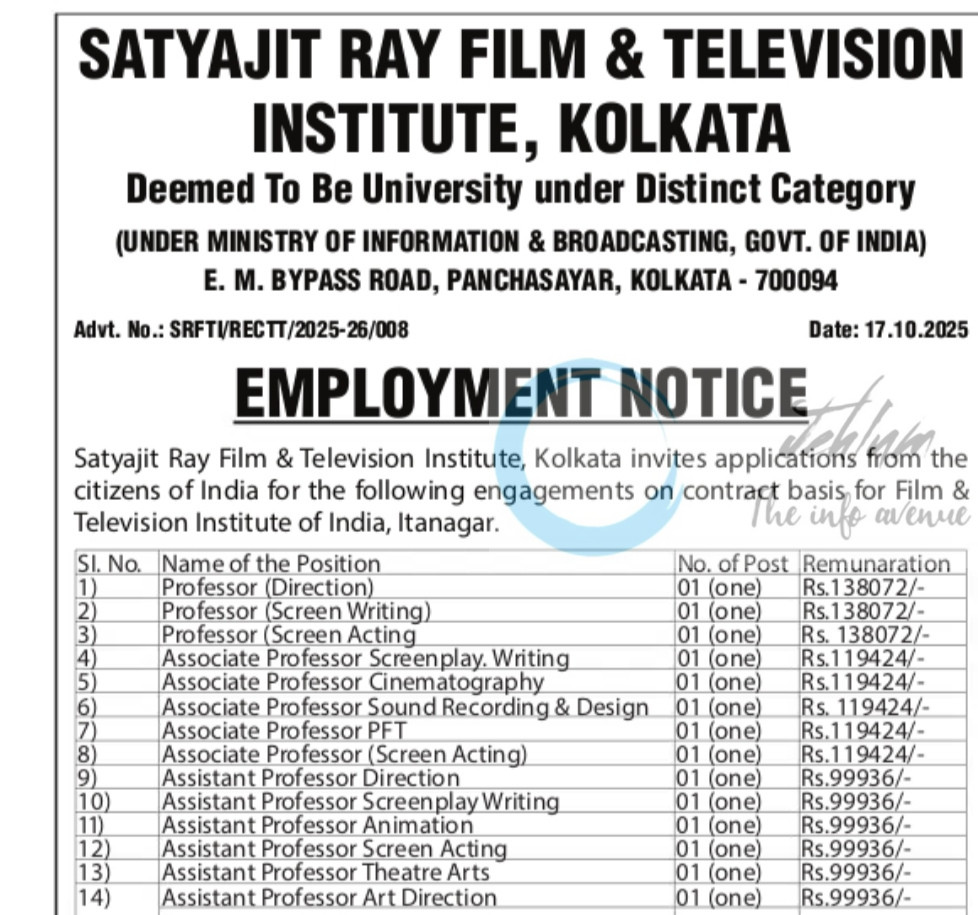 Satyajit Ray Film and Television Institute SRFTI Kolkata job opportunities notice SRFTI/RECTT/2025-26/008