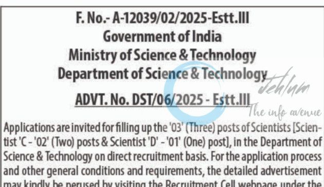 The Department of Science and Technology DST scientist job opportunities 2025