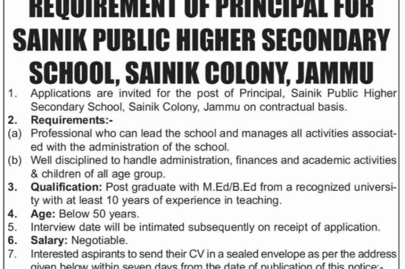 Sainik Public Higher Secondary School SPHSS jammu Principal Job Opportunities 2025