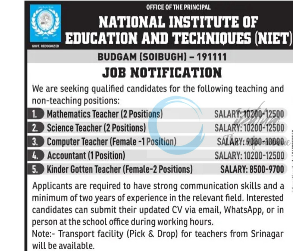 National Institute of Education and Techniques NIET Budgam job opportunities 2025
