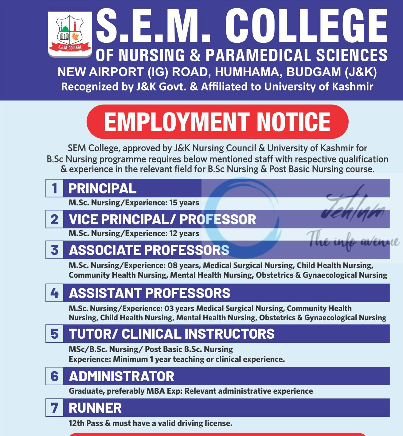 S E M College of Nursing and Paramedical Sciences budgam faculty job opportunities 2025
