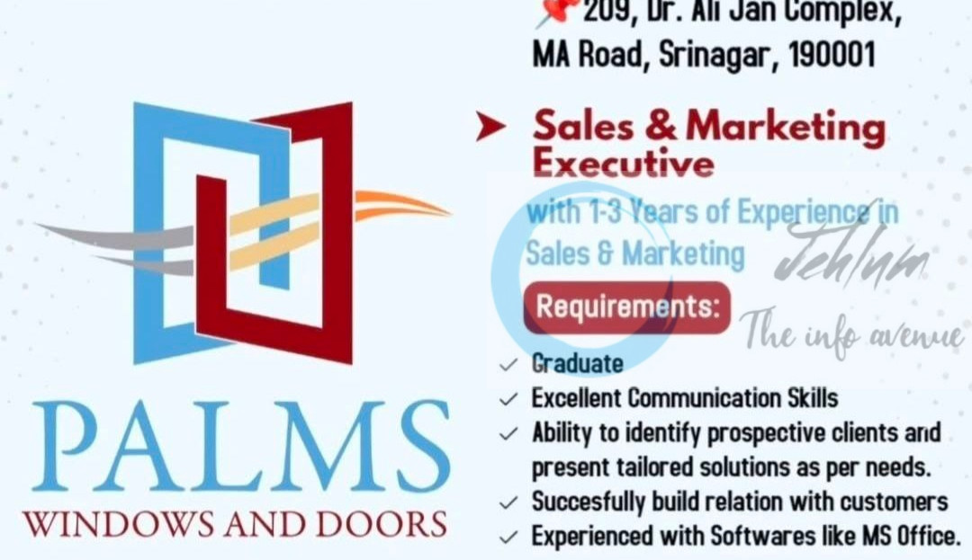 Palms Windows and Doors Srinagar-Sales and Marketing Executive Walk-In 2025