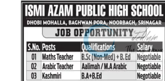 ISMI AZAM PUBLIC HIGH SCHOOL SRINAGAR JOB OPPORTUNITIES 2025