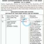 Kashmir University ku legal assistant job opportunities 2025