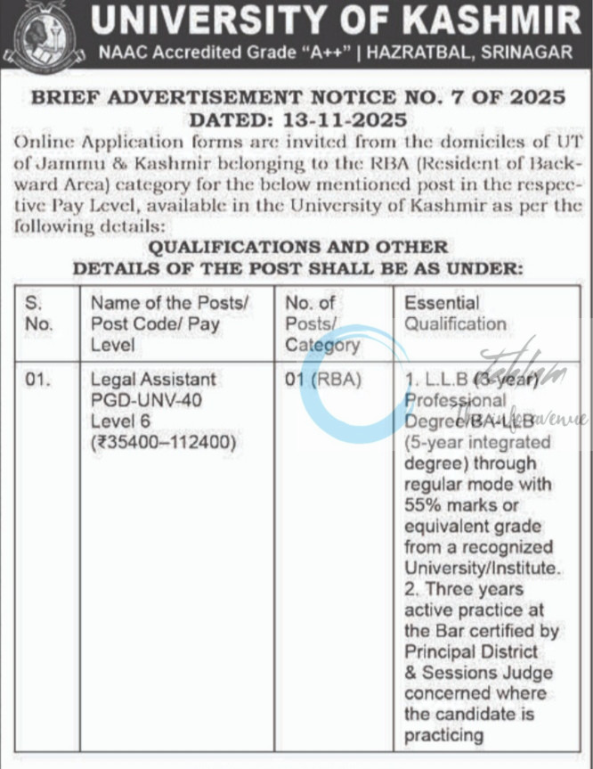 Kashmir University ku legal assistant job opportunities 2025