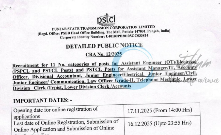 PSTCL PSPCL Assistant Engineer and Junior Engineer job opportunities notice CRA No 12/2025