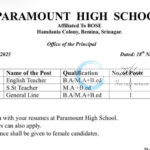 Paramount High School PHS Srinagar job opportunities notice 23/PHS/2025