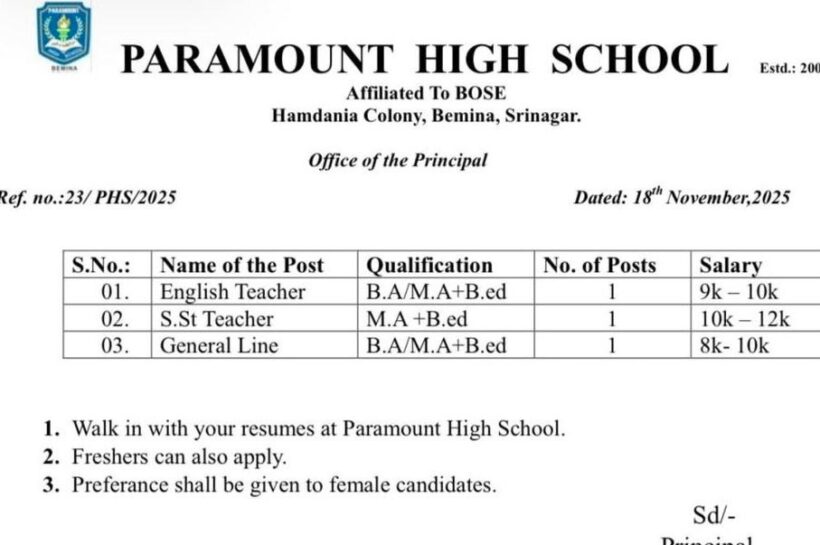 Paramount High School PHS Srinagar job opportunities notice 23/PHS/2025