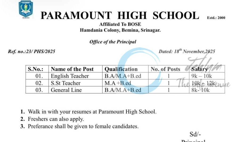 Paramount High School PHS Srinagar job opportunities notice 23/PHS/2025