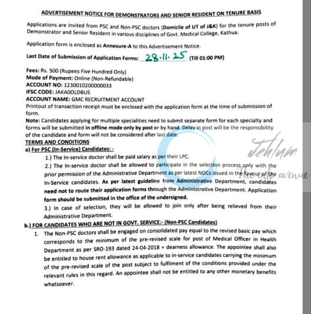 Government Medical College GMC Kathua Senior Resident job opportunities 2025