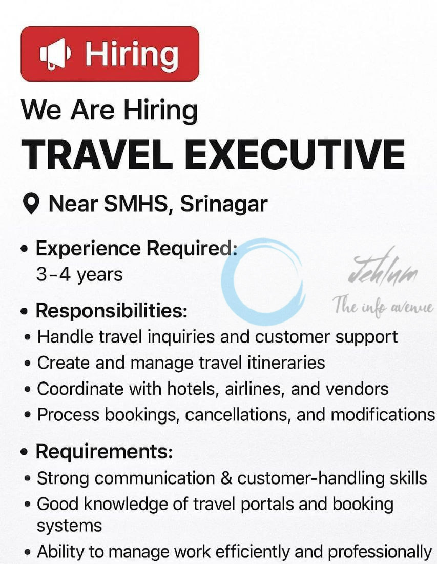 Miraco srinagar travel executive job opportunities 2025