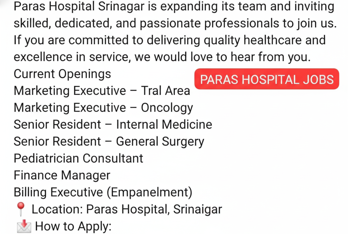 Paras Hospital Srinagar staff job opportunities 2025