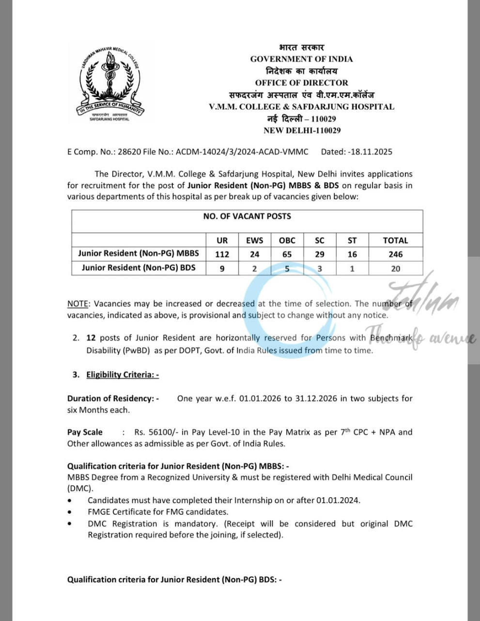 Safdarjung Hospital VMMC New Delhi job opportunities 2025