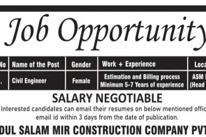 Abdul Salam Mir Construction Company srinagar Civil Engineer job opportunities 2025