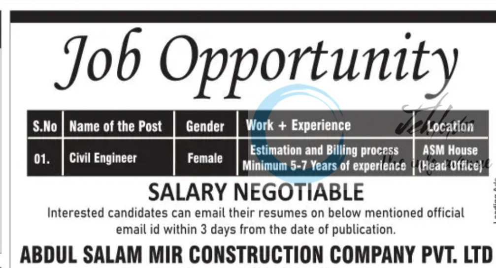 Abdul Salam Mir Construction Company srinagar Civil Engineer job opportunities 2025