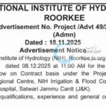 National Institute of Hydrology NIH Western Himalayan Regional Centre Roorkee JRF JOB OPPORTUNITIES walk in 49/2025-NIH