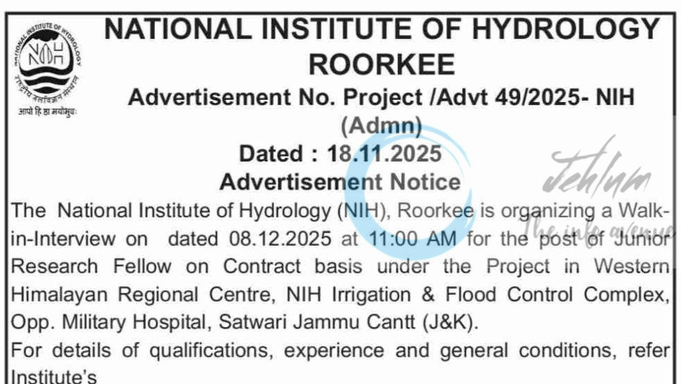 National Institute of Hydrology NIH Western Himalayan Regional Centre Roorkee JRF JOB OPPORTUNITIES walk in 49/2025-NIH