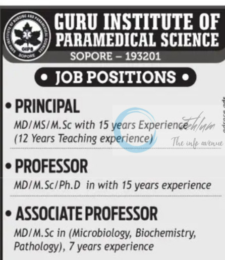 Guru Institute of Paramedical Science GIPS Sopore faculty job opportunities 2025