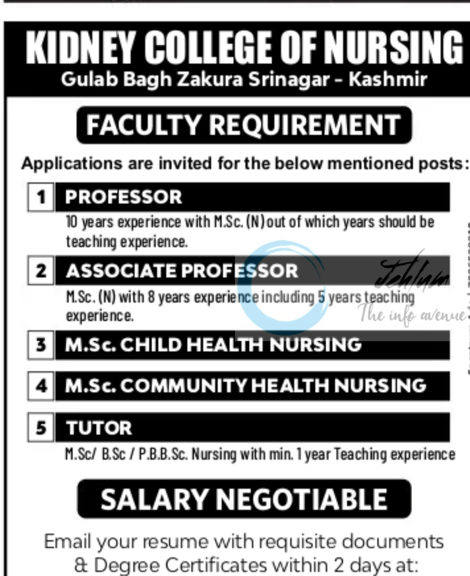 KIDNEY COLLEGE OF NURSING SRINAGAR FACULTY JOB OPPORTUNITIES 2025