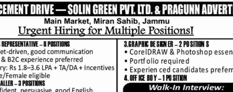 SOLIN GREEN PVT LTD AND PRAGUNN ADVERTISER STAFF JOB OPPORTUNITIES WALK IN 2025