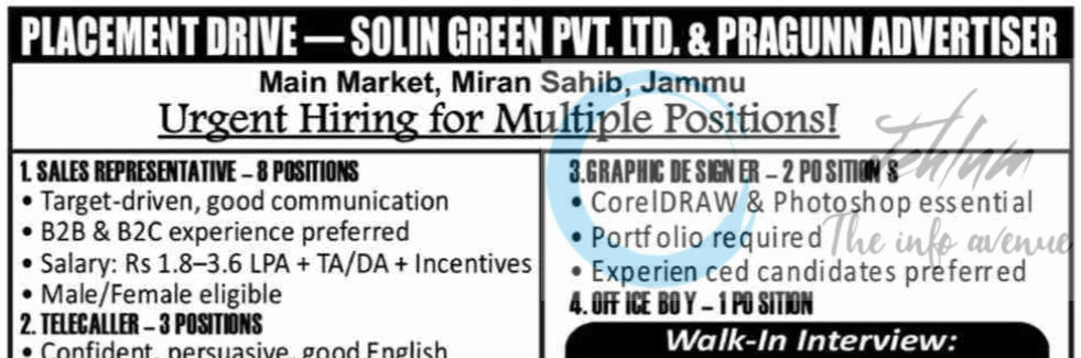 SOLIN GREEN PVT LTD AND PRAGUNN ADVERTISER STAFF JOB OPPORTUNITIES WALK IN 2025