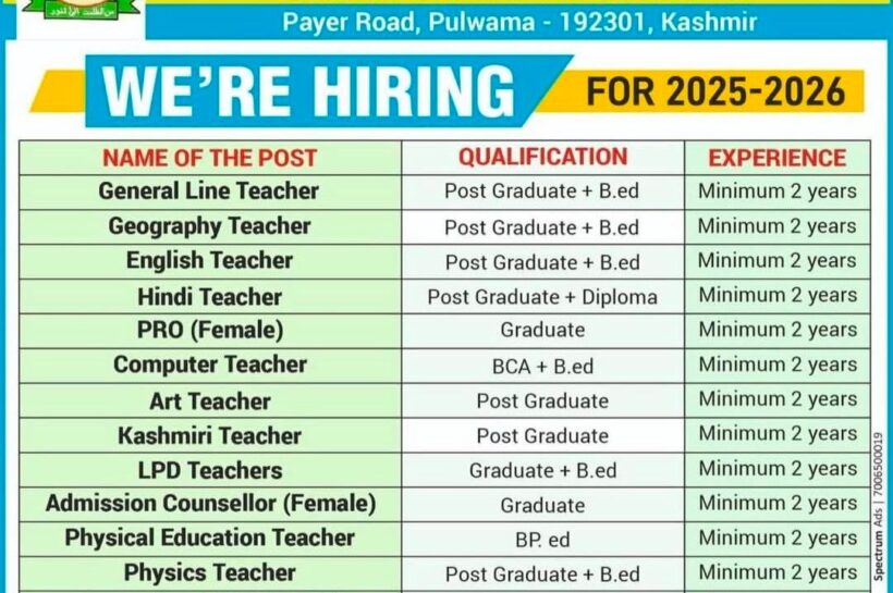 Saadi Memorial Institute of Education SMIE Pulwama teachers job opportunities 2025