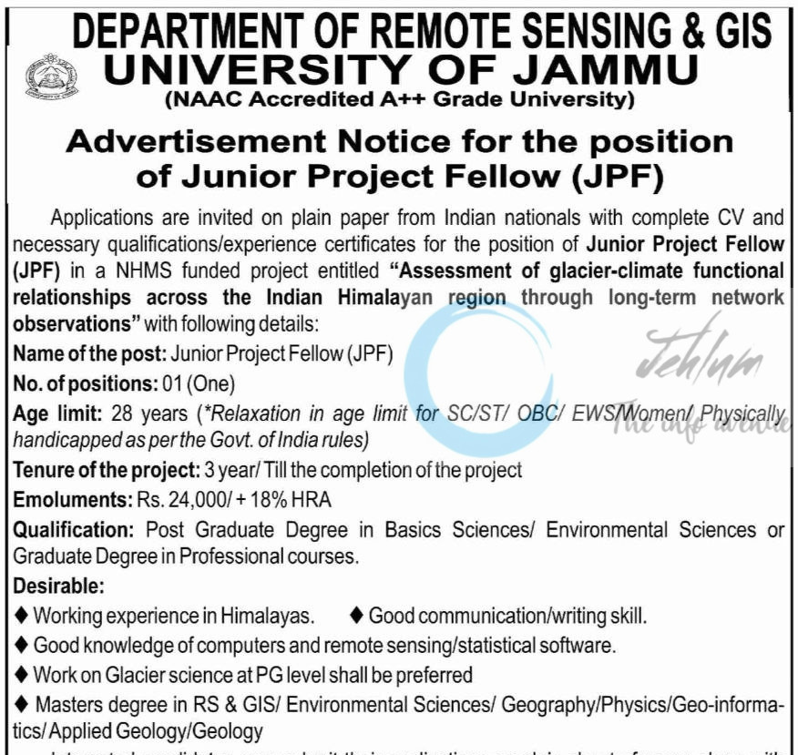 University of Jammu Department of Remote Sensing and GIS JPF job opportunities 2025 1 University of Jammu Department of Remote Sensing and GIS JPF job opportunities 2025