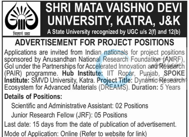 Shri Mata Vaishno Devi University SMVDU Katra Scientific and Administrative Assistant/JRF JOB OPPORTUNITIES NOTICE SMVDU/RandD/25/3633