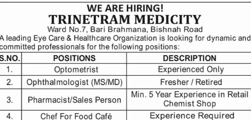 Trinetram Medicity jammu Optometrist/Ophthalmologist/Pharmacist/chef job opportunities 2025