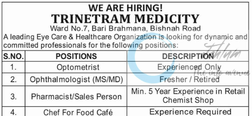 Trinetram Medicity jammu Optometrist/Ophthalmologist/Pharmacist/chef job opportunities 2025