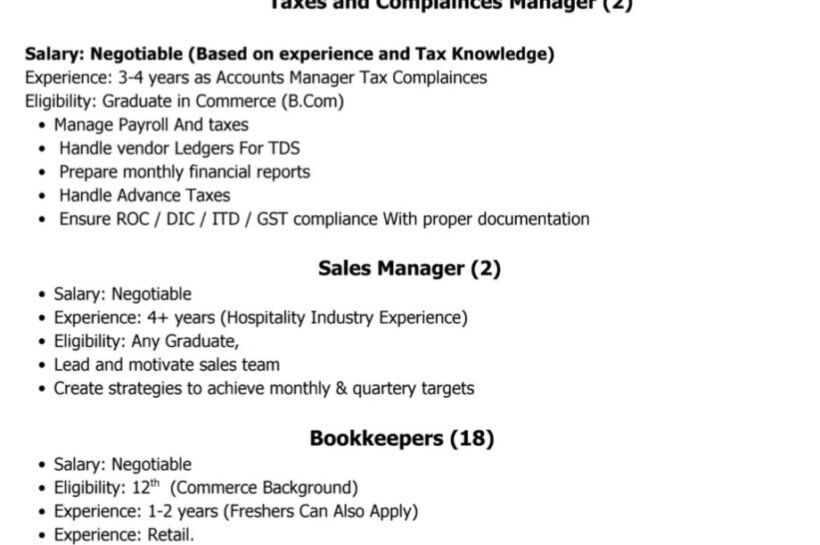 Le Delice Bakery Srinagar Taxes Compliances Manager/ Sales Manager/ Bookkeeper/ Commis Walk-in Interview Jobs Opportunities 2025
