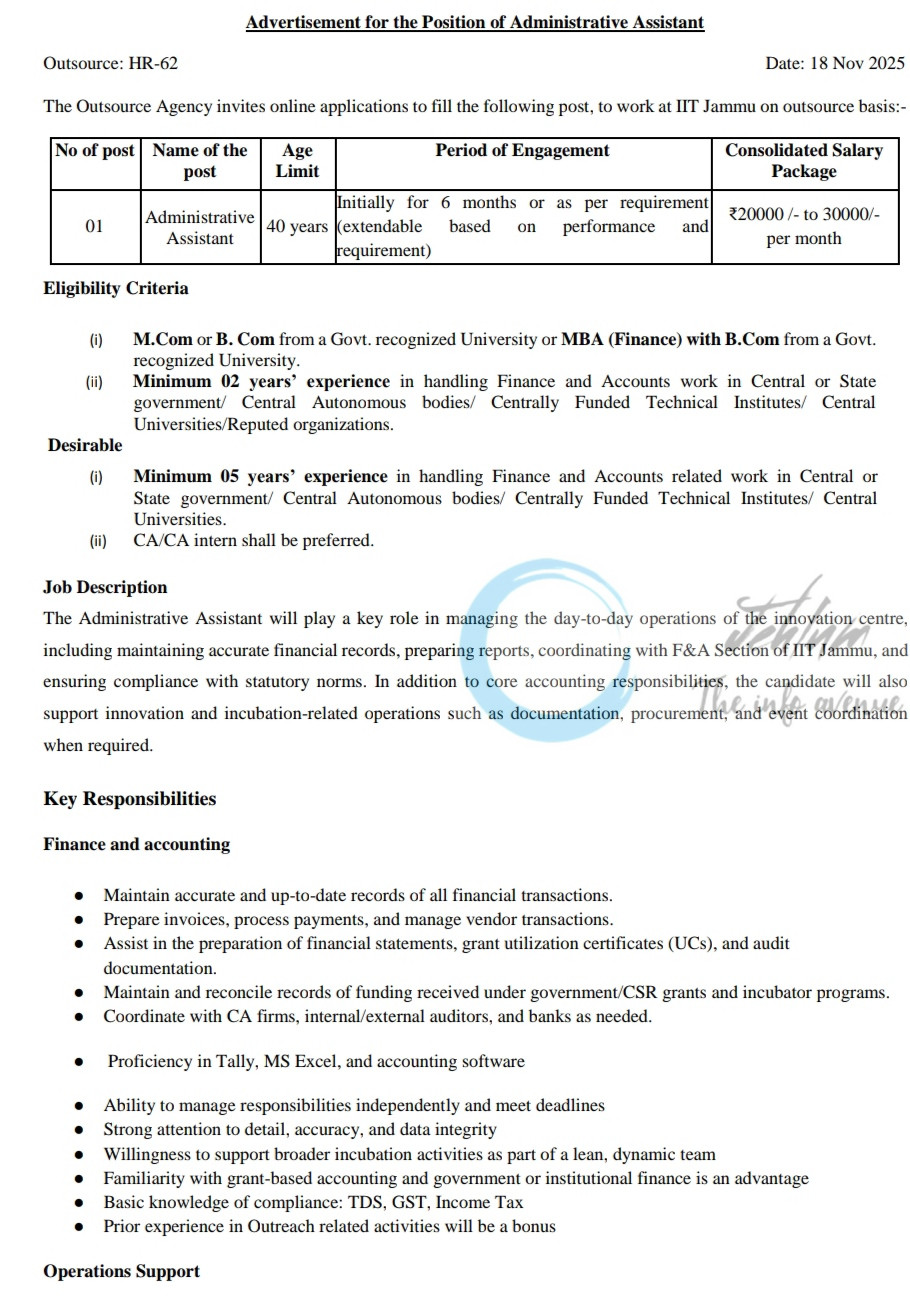 IIT Jammu outsource agency Administrative Assistant job opportunities 2025