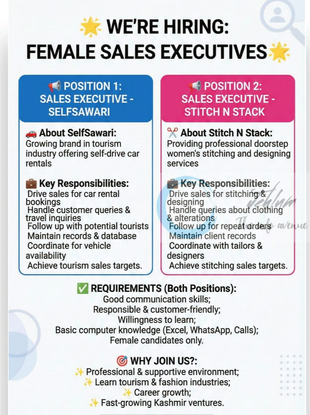 SelfSawari Stitch N Stack srinagar Sales Executives job opportunities 2025