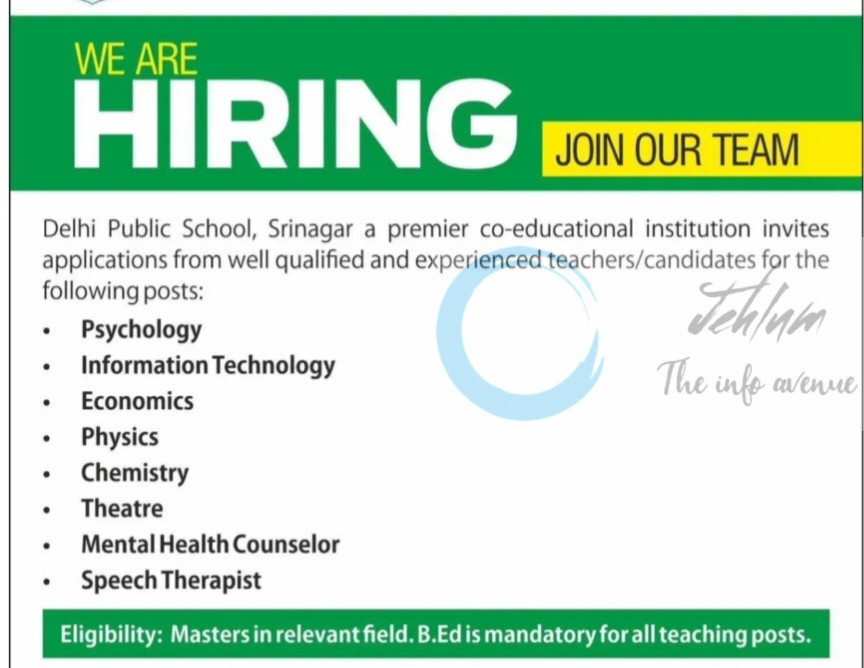 Delhi Public School DPS Srinagar Teaching Jobs Opportunities 2025