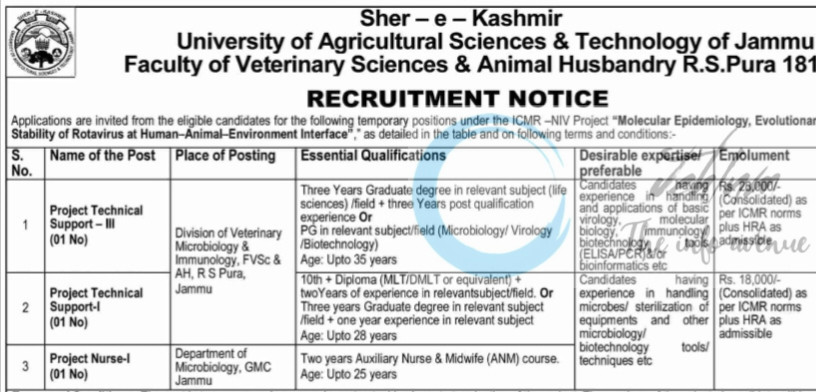 SKUAST-Jammu Project Technical Support/ Project Nurse-I Advertisement Notice AUJ/VMC/ICMR-NIV/25-26/02-06